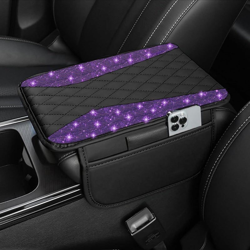 NBTEPEM Bling Purple Car Center Console Cover, Leather Middle Console Cover with 2 Storage Bags, Universal Arm Rest Cover, Bling Car Accessories Interior Fit for Most Vehicles, Purple Diamond - Image 1